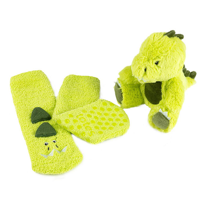 totes Childrens Plush Toy and Super Soft Slipper Socks Set Green Extra Image 2
